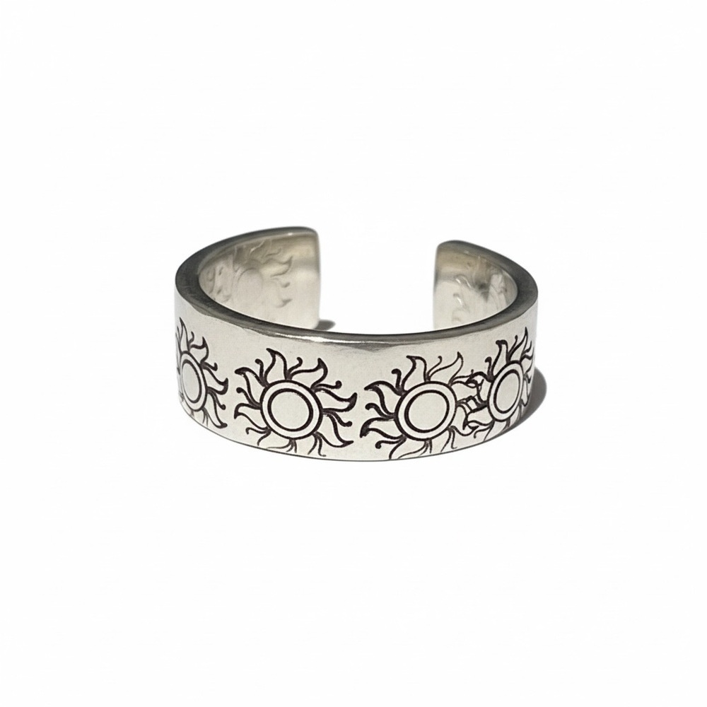 Handmade 8 stamped‎ silver pewter boho sun  hypoallergenic adjustable cuff ring